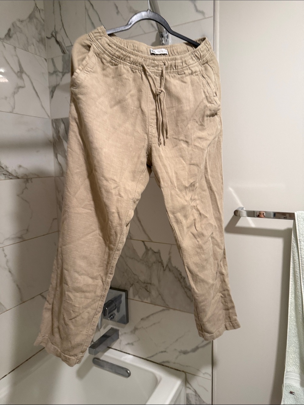 Zara Men's Tan Drawstring Linen-Blend Chinos